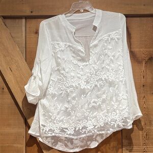 Women's White Embroidered V-Neck Blouse